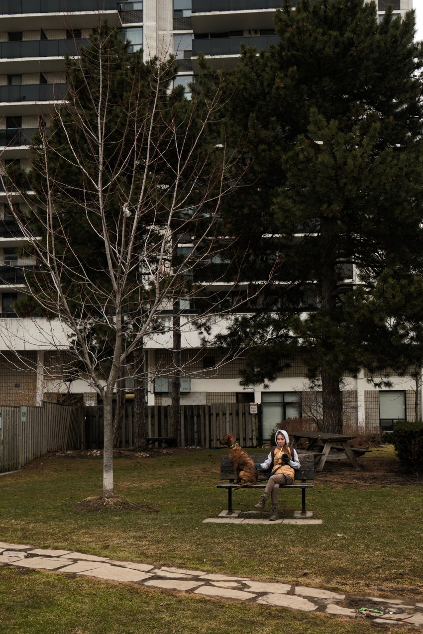 Person in hoodie sits on bench with brown dog in grassy courtyard in front of apartment building, leafless tree nearby.