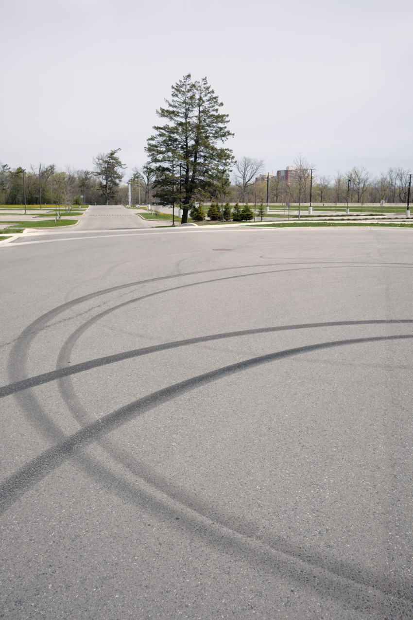 Wide empty parking lot with overlapping tire skid marks; lone evergreen near intersection and distant buildings.
