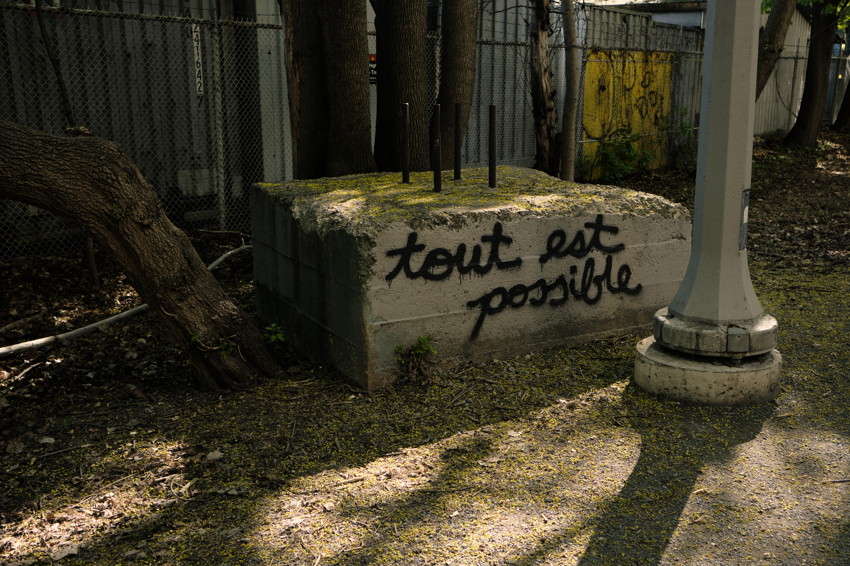 Concrete block with graffiti 'tout est possible', moss top, tree trunks, chain-link fence, lamp post shadow.