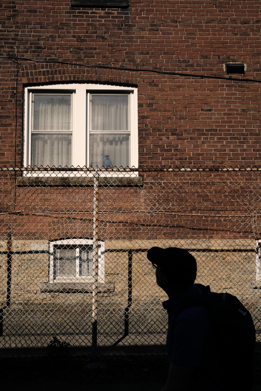 Brick building with blue Grover toy in window, chain-link fence and silhouetted person in foreground.