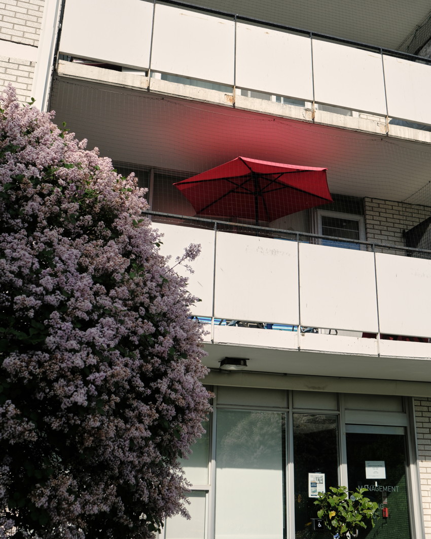 Apartment balcony with a red patio umbrella and white panels; blooming lilac bush left foreground, glass entrance below.