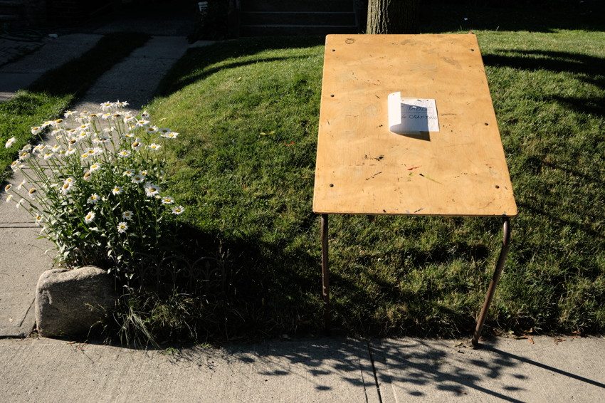 A wooden table with a handwritten note reading ‘FREE’ stands on a sunny lawn beside daisies.