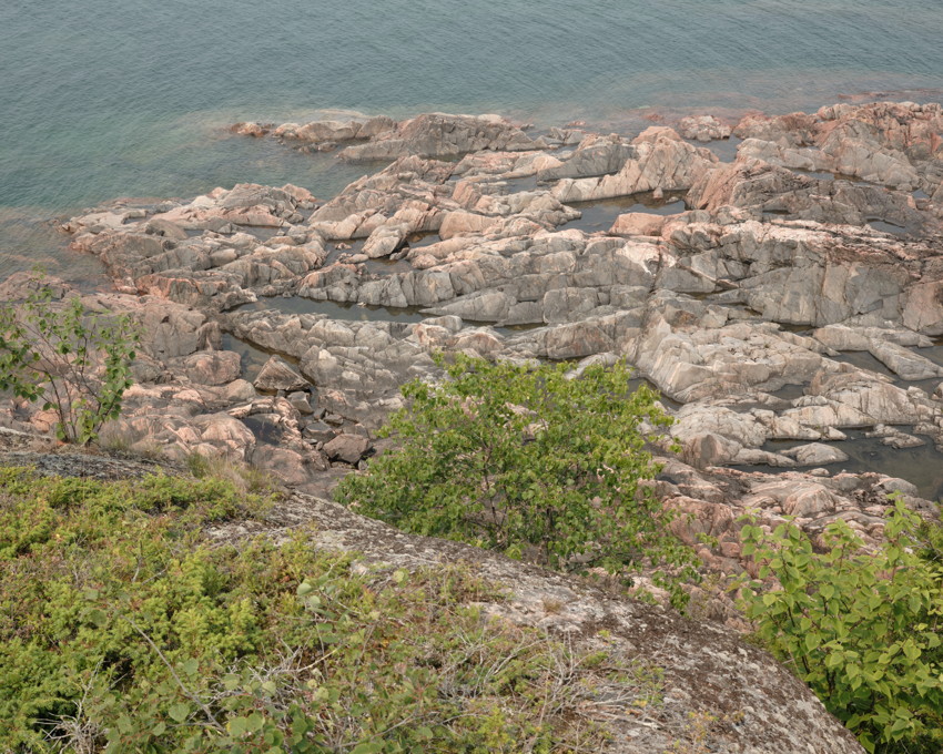 Cliffside view of pink-gray rocky shoreline and tidal pools, green shrubs in foreground, calm blue lake beyond.