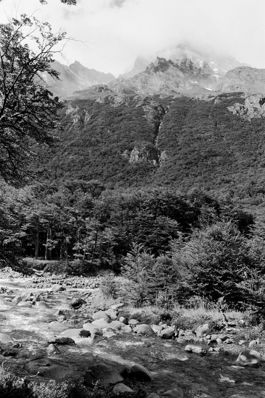 Black-and-white vertical landscape showing rocky stream in foreground, dense forest midground, mountain peaks shrouded in clouds.