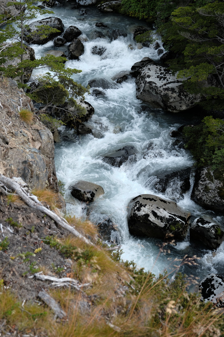 Downward view of a rocky stream with white rapids flowing between mossy boulders and steep vegetated banks.