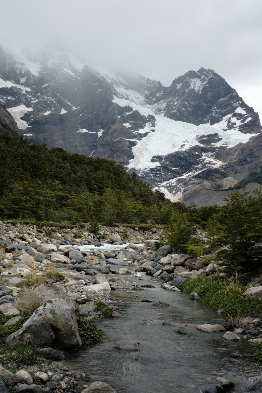 Rocky stream in foreground leading to dense forest and glacier-covered mountain under low clouds.